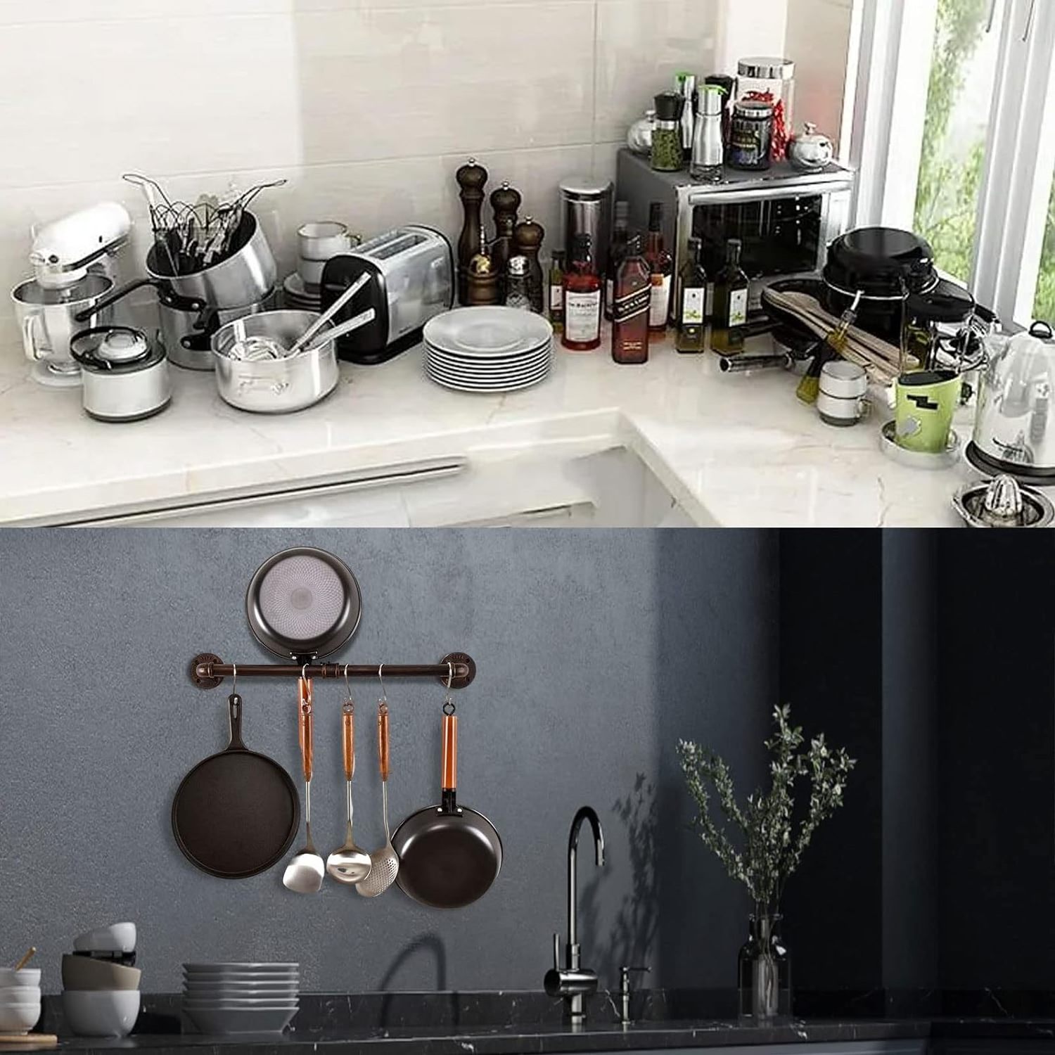 Pipe Pot Pan Rack Wall Mounted Industrial Utensil Lid Holder Cookware Hanger Kitchen Organizer Hanging Bar Rail with S Hooks