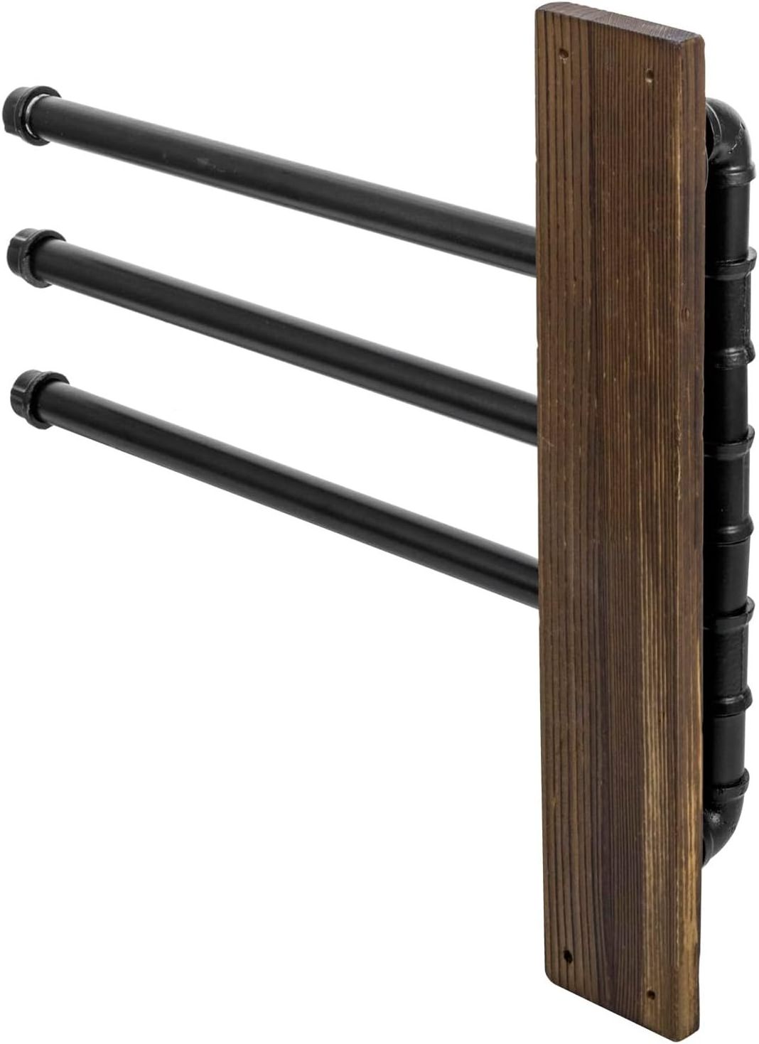 Wall Mounted Swivel Bathroom Towel Rack with 180 Degree Swing Industrial Black Metal Pipe Bars on Rustic Wood Mounting Board