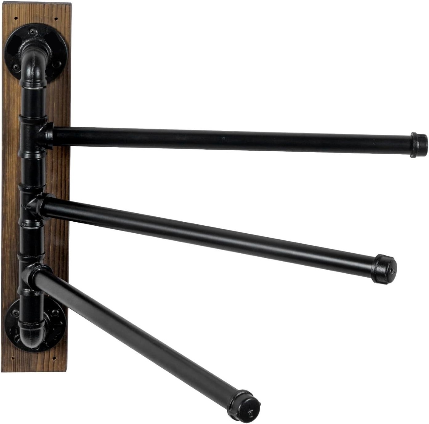 Wall Mounted Swivel Bathroom Towel Rack with 180 Degree Swing Industrial Black Metal Pipe Bars on Rustic Wood Mounting Board