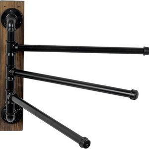 Wall Mounted Swivel Bathroom Towel Rack with 180 Degree Swing Industrial Black Metal Pipe Bars on Rustic Wood Mounting Board