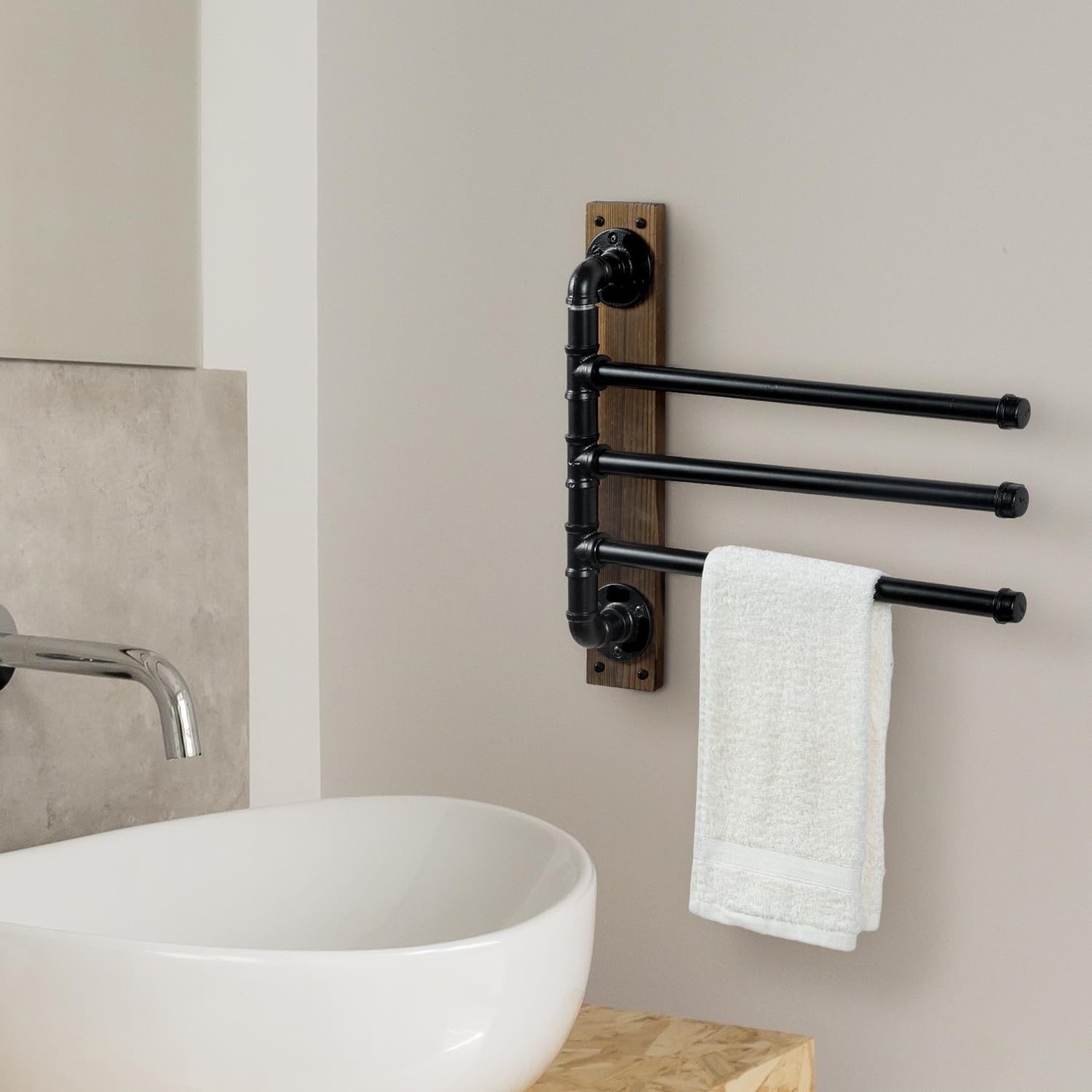 Wall Mounted Swivel Bathroom Towel Rack with 180 Degree Swing Industrial Black Metal Pipe Bars on Rustic Wood Mounting Board