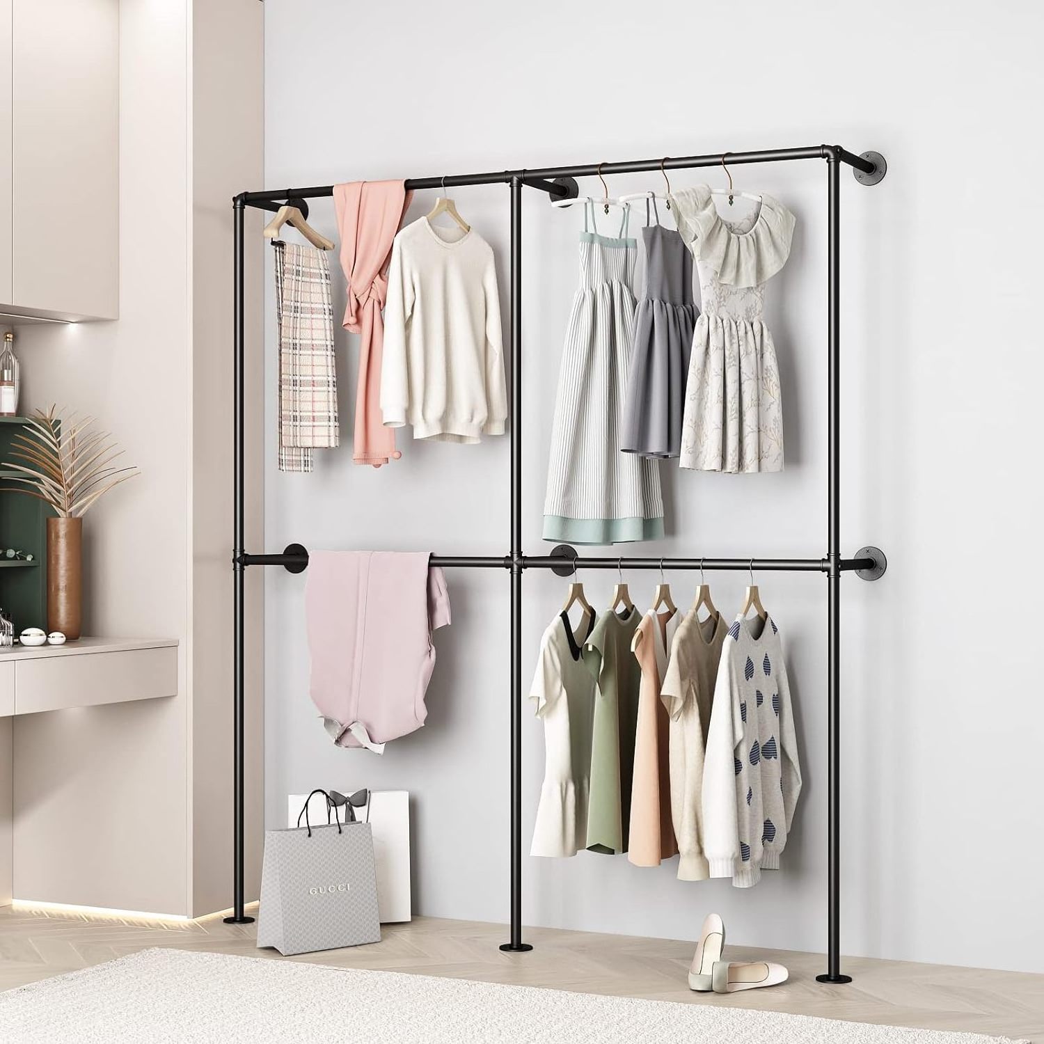 Industrial Pipe Clothes Rack Wall Mounted Coat Racks with Double Hanging Rods for Closet Storage