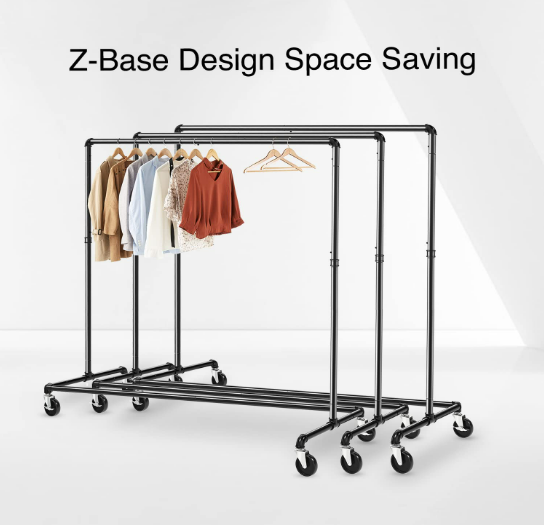 Z Base Garment Rack Industrial Clothing Rack Rolling Clothing Coat Rack Holder on Wheels with Brakes Commercial Grade Metal Diy