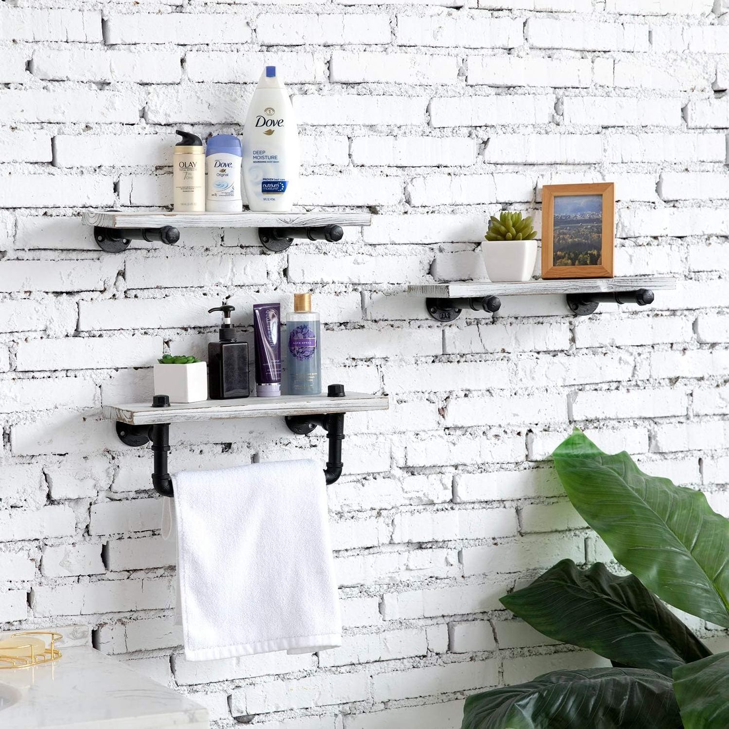 Wall Mounted White Washed Solid Wood Floating Shelf Organizer 3 Piece Set Mounted Bathroom Display Shelf with Towel Bar