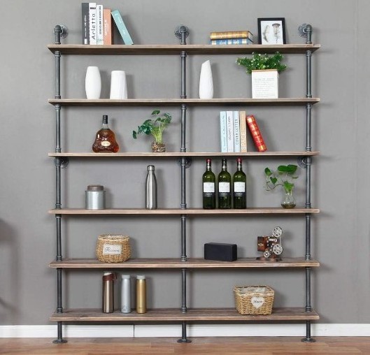 Industrial 6-Tiers Modern Ladder Solid Wood Storage Shelf Bookcase Wall Mounted Pipe Wood Shelves Bookshelf Vintage Wrought Iron