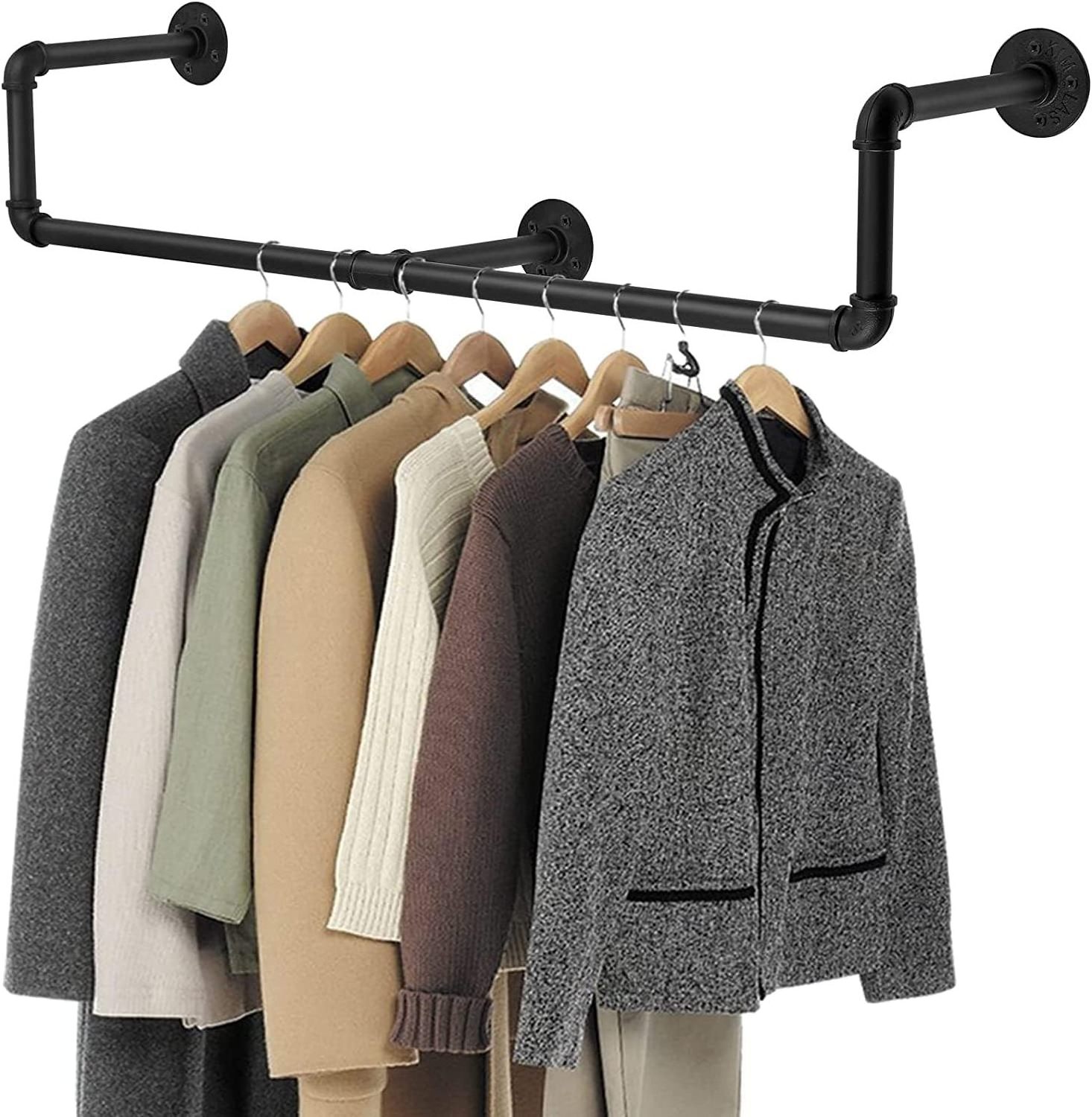 Wall Mounted Clothes Rail, Industrial Pipe Clothes Rack Clothing Garment Rack Iron Clothes Bar, Closet Storage Organizing