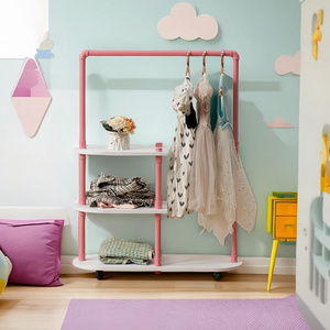 Kids Clothing Rack with Storage Shelves Small Open Wood Hanging Clothes Rack with Rolling Wheels for Small Spaces