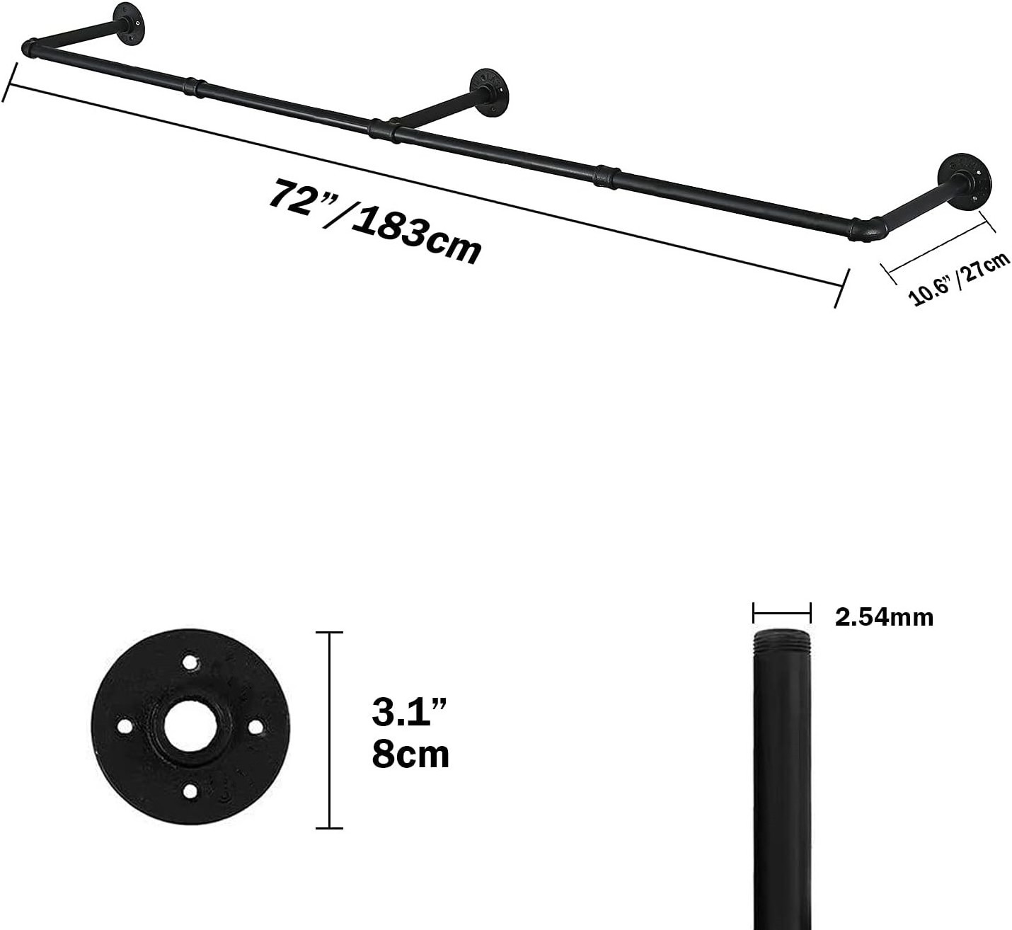 72inch Industrial Pipe Clothes Rack Wall Mount For Hanging Rod Bar for Laundry Room Up to Max Load 135Lb Black