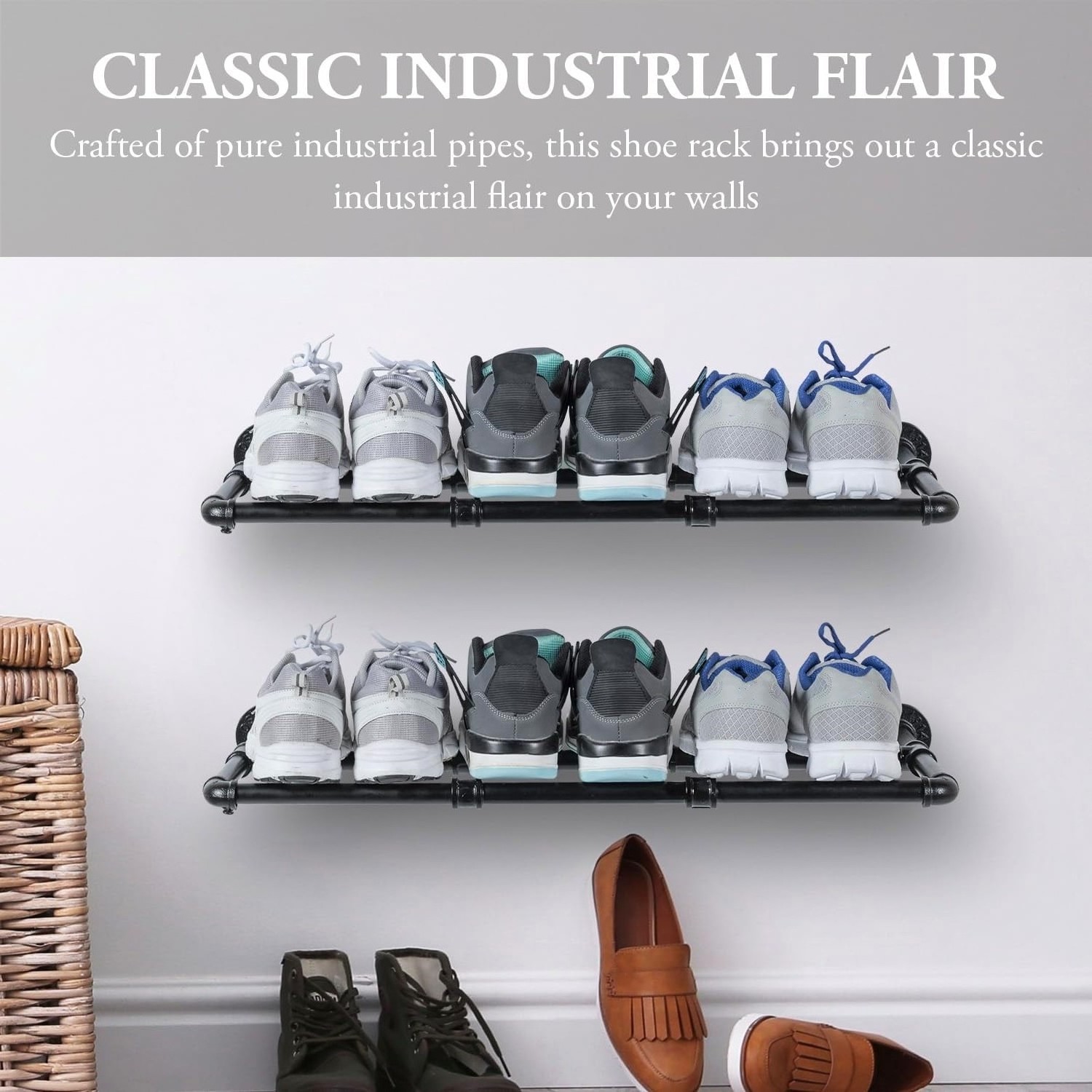 Industrial Matte Black Metal Pipe Hanging Shoe and Boot Rack Shelves Wall Mounted Space Saving Footwear Storage for Closet