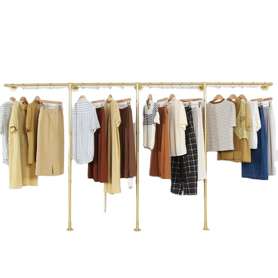 Gold pipe clothing rack for Hanging Clothes rack with 3 T-Bar Design Heavy Duty wall mounted industrial clothing rack