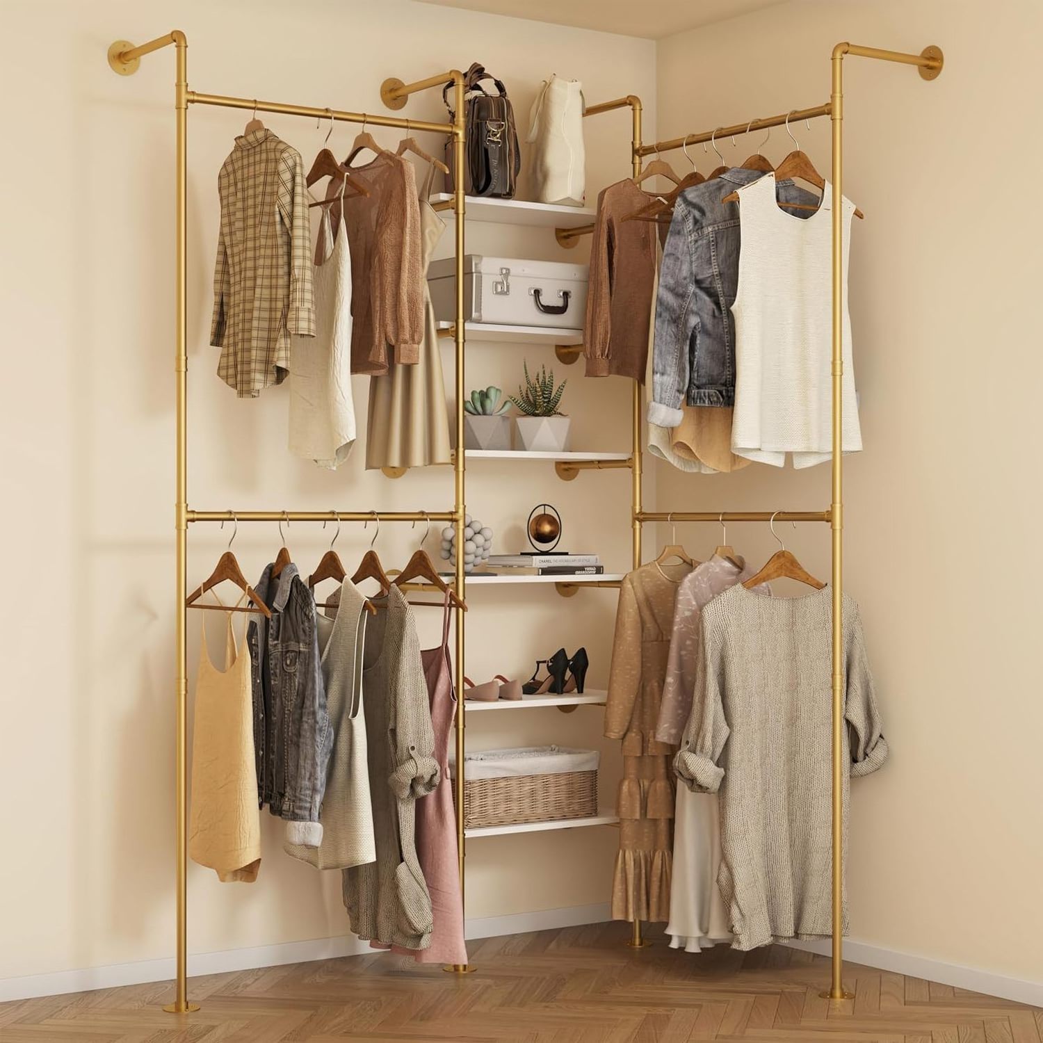 Industrial Pipe Clothes Rack  Wall Mounted Clothing Rack  for Walk-in Wardrobe Multi-Purpose Storage Clothes Hanging Shelf