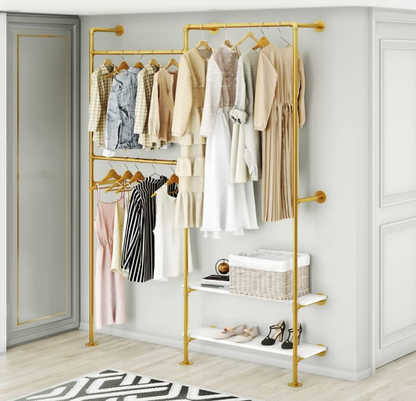 Pipe Clothing Rack for Wardrobe Bedroom and as Walk-in Closet System Double Hanging Rods Clothes Rack Gold Black Metal DIY HEBEI