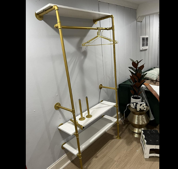 Design For You Industrial Pipe Golden Black Clothing Rack Wood Garment Rack Pipeline Vintage Rolling Rack On Wall for Bedroom