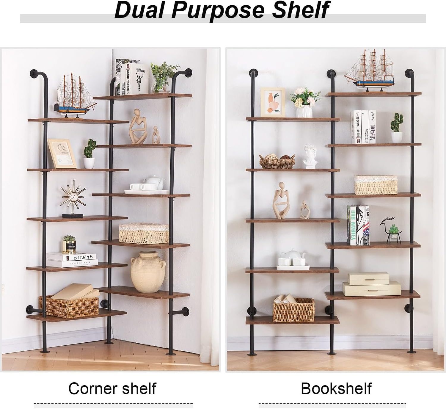 Bookshelf,10-Tier L Shaped, Industrial Wall Mount, Modern Bookcase with Metal Frame and Wood, Industrial Corner Pipe Shelf