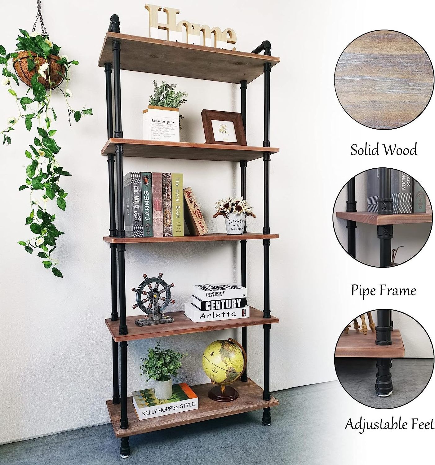 Industrial Bookshelves 5 Shelf Rustic Display Storage Tall Standing Shelf Bookcase for Living Room Kitchen Office