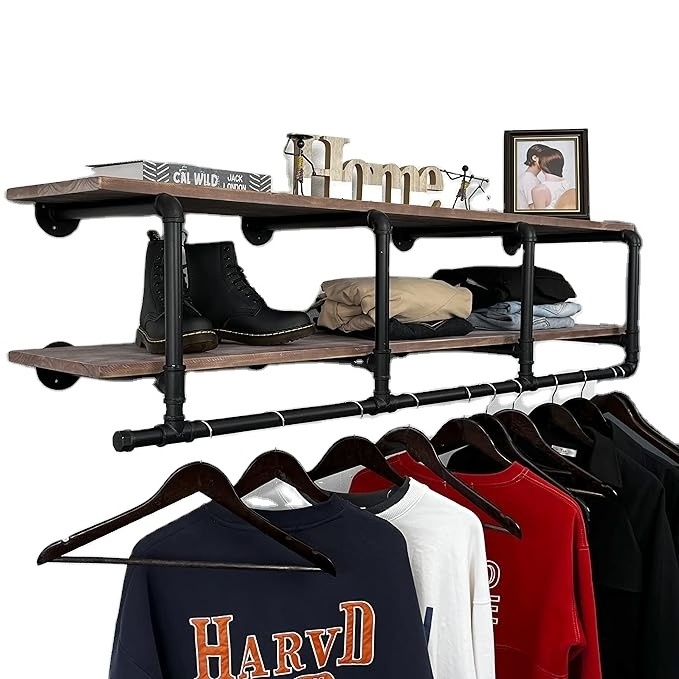 Industrial Pipe Clothing Rack with Top Shelf, Space-Saving Wall Mounted Clothes Rack Shelf with Hanging Rod for Laundry Room