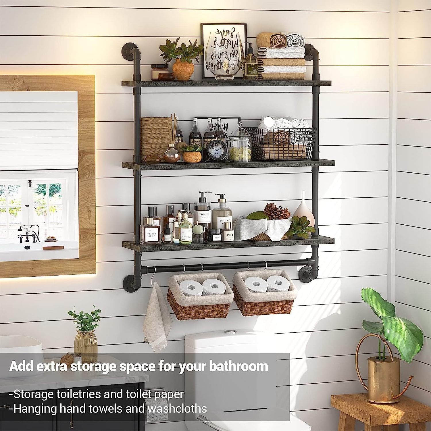 3 Tier Industrial Pipe Shelving Iron Pipe Shelves with Towel Bar Wood Bathroom Shelves with Hooks for Bedroom  Living Room