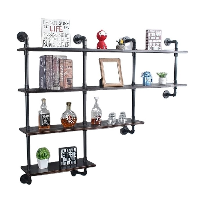 Industrial Pipe Shelving Rustic Wooden&Metal Floating Shelves Home Decor Shelves Wall Mount with Wine Rack Retro Black