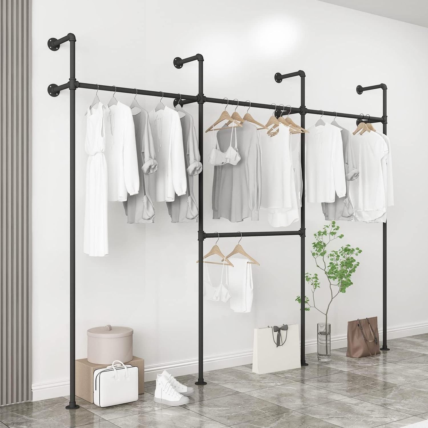 Industrial Pipe Clothing Rack Modern Commercial Grade Pipe Clothes Racks Wall Mounted Closet Storage Rack Hanging Clothes