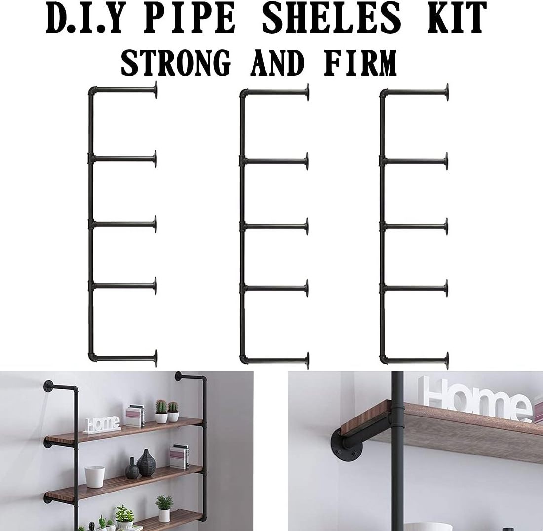 Industrial Iron Pipe Shelves Shelf Brackets Black Vintage Retro Shelving Wall Mounted DIY Open Bookshelf Rustic Farmhouse