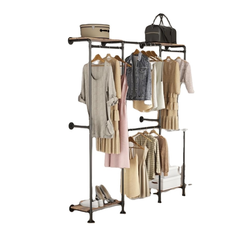 Industrial Pipe Clothing Rack Wall Mounted Clothing Rack for Hanging Clothes Adjustable Corner Clothes Rack with Shelves