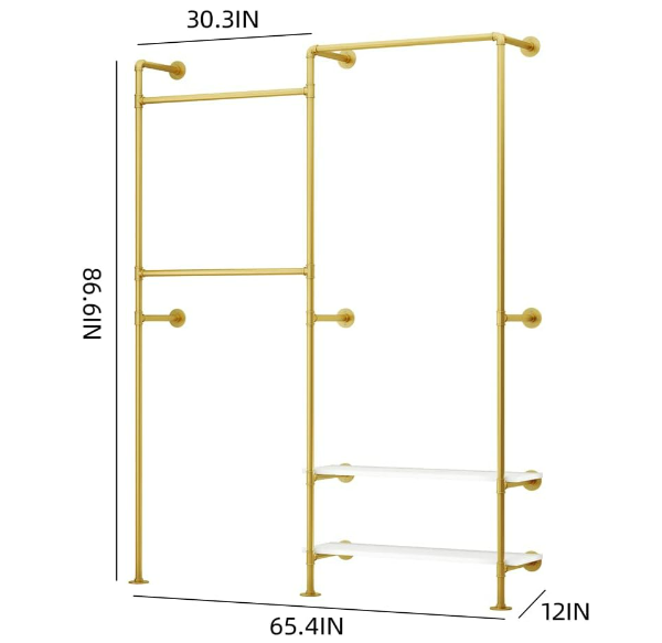 Pipe Clothing Rack for Wardrobe Bedroom and as Walk-in Closet System Double Hanging Rods Clothes Rack Gold Black Metal DIY HEBEI