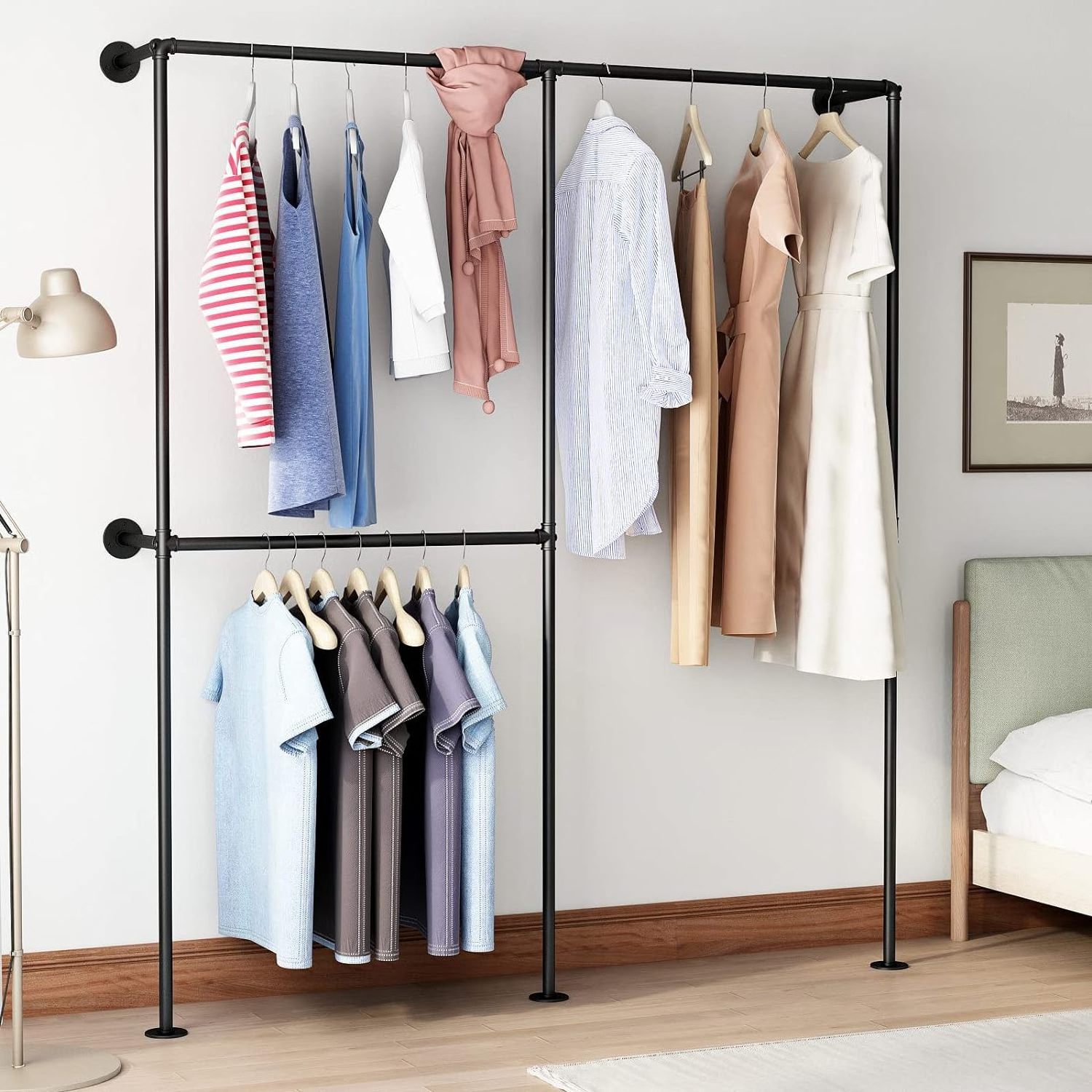 Industrial Pipe Clothing Racks with Double Bar Wall Mounted Closet Rods for Hanging Clothes Organizer Storage