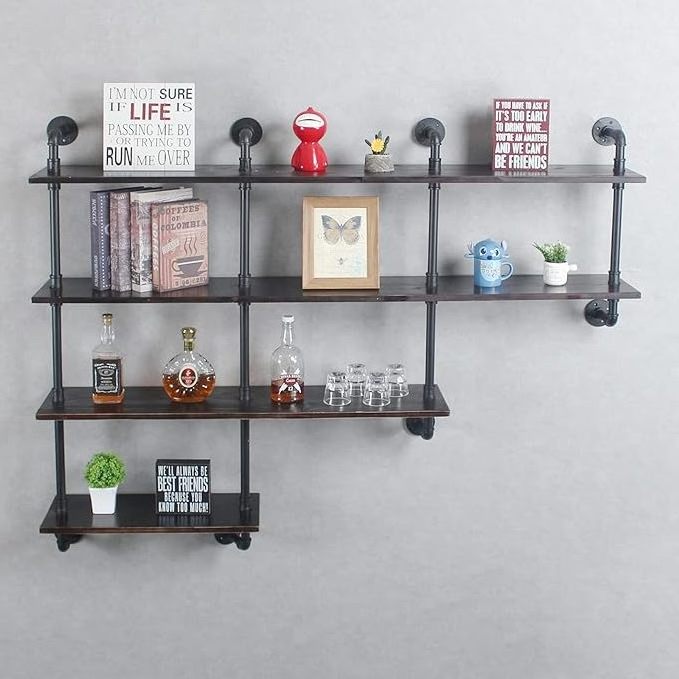 Industrial Pipe Shelving Rustic Wooden&Metal Floating Shelves Home Decor Shelves Wall Mount with Wine Rack Retro Black