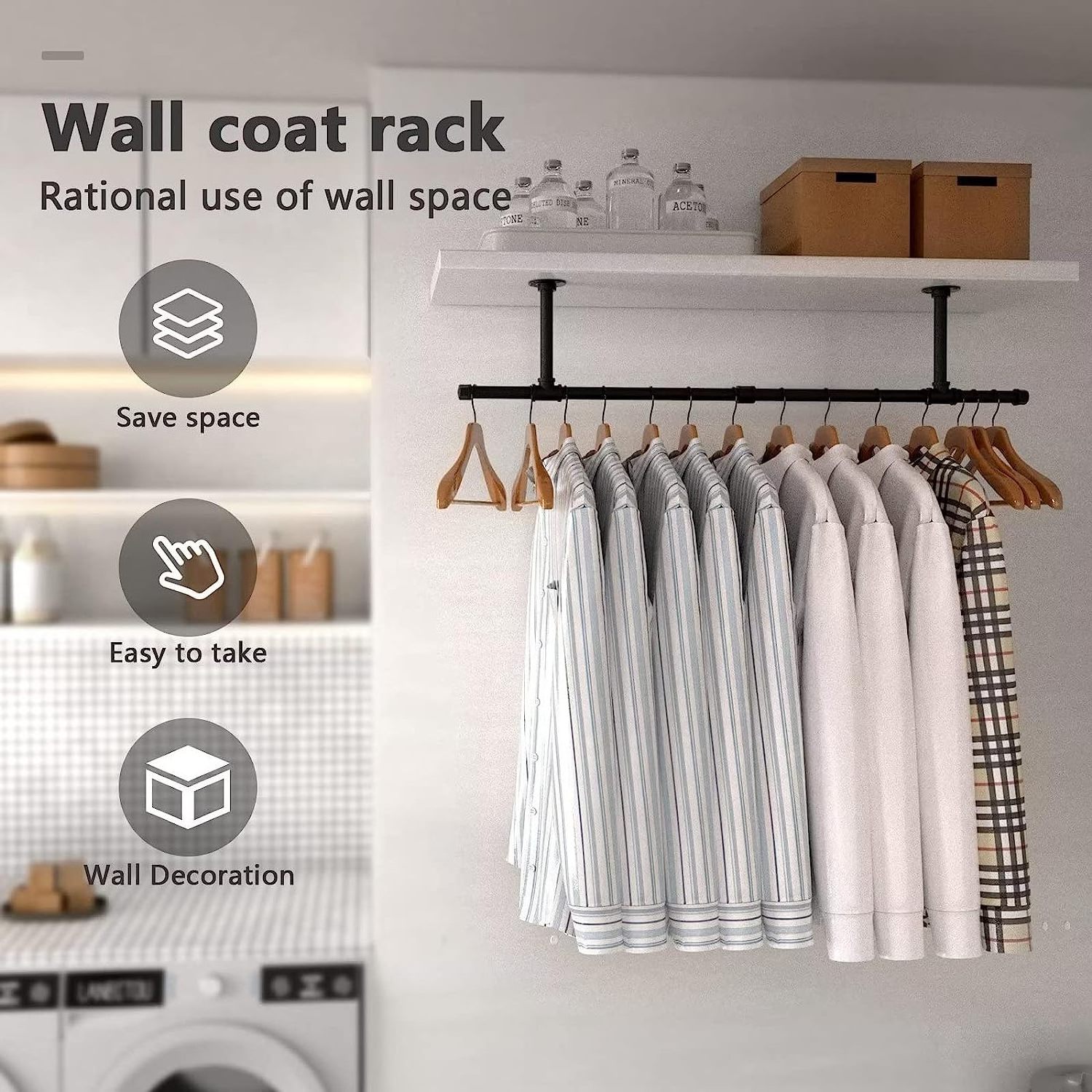 Wall Mounted Space-Saving  Industrial Pipe Clothing Rack For Hanging Clothes For Closet Laundry Room Garment Retail Display