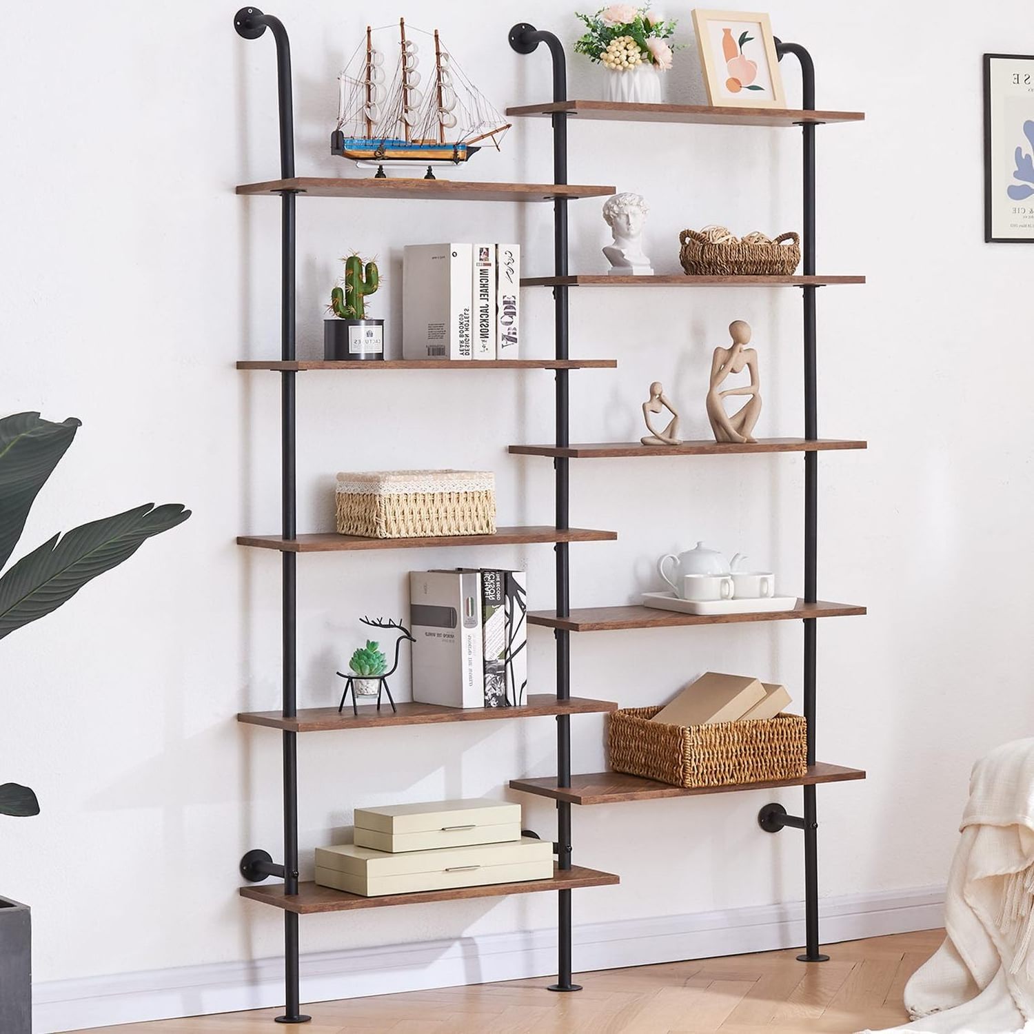 Bookshelf,10-Tier L Shaped, Industrial Wall Mount, Modern Bookcase with Metal Frame and Wood, Industrial Corner Pipe Shelf