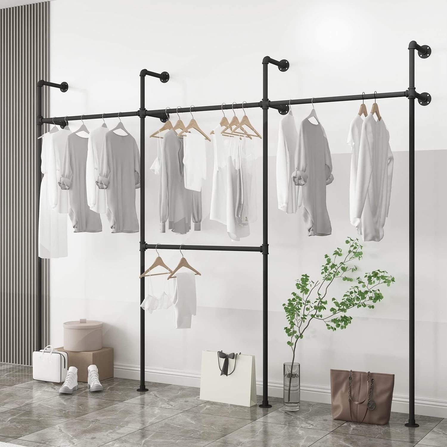 Industrial Pipe Clothing Rack Modern Commercial Grade Pipe Clothes Racks Wall Mounted Closet Storage Rack Hanging Clothes