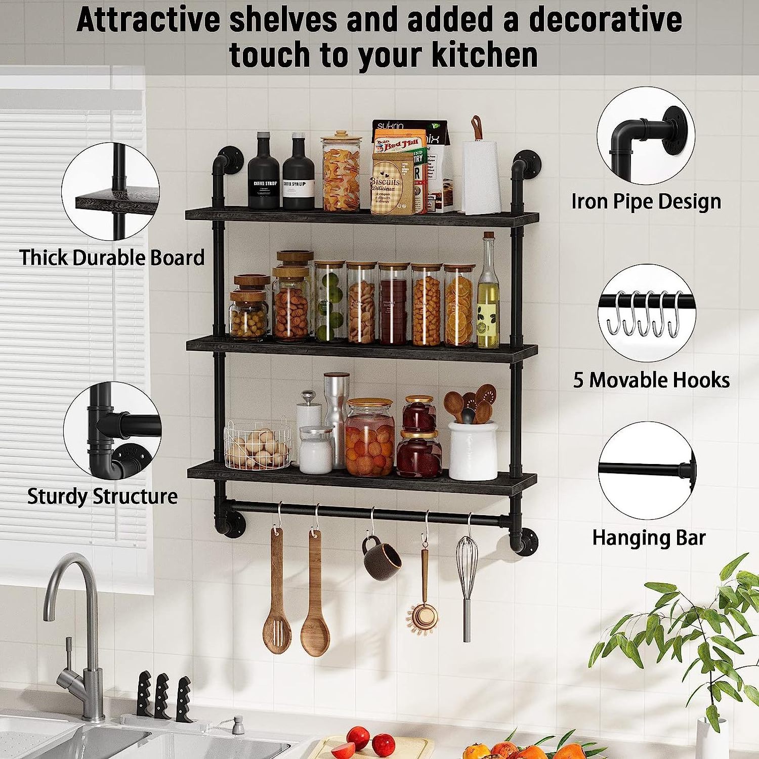 3 Tier Industrial Pipe Shelving Iron Pipe Shelves with Towel Bar Wood Bathroom Shelves with Hooks for Bedroom  Living Room