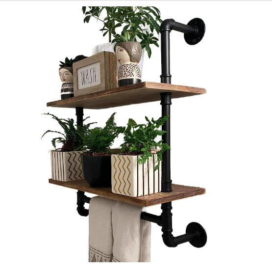 Iron Pipe Shelves Industrial Bathroom Shelves with Towel bar 2 Tier Industrial Shelf Wall Mounted with Hook for bedroom kitchen