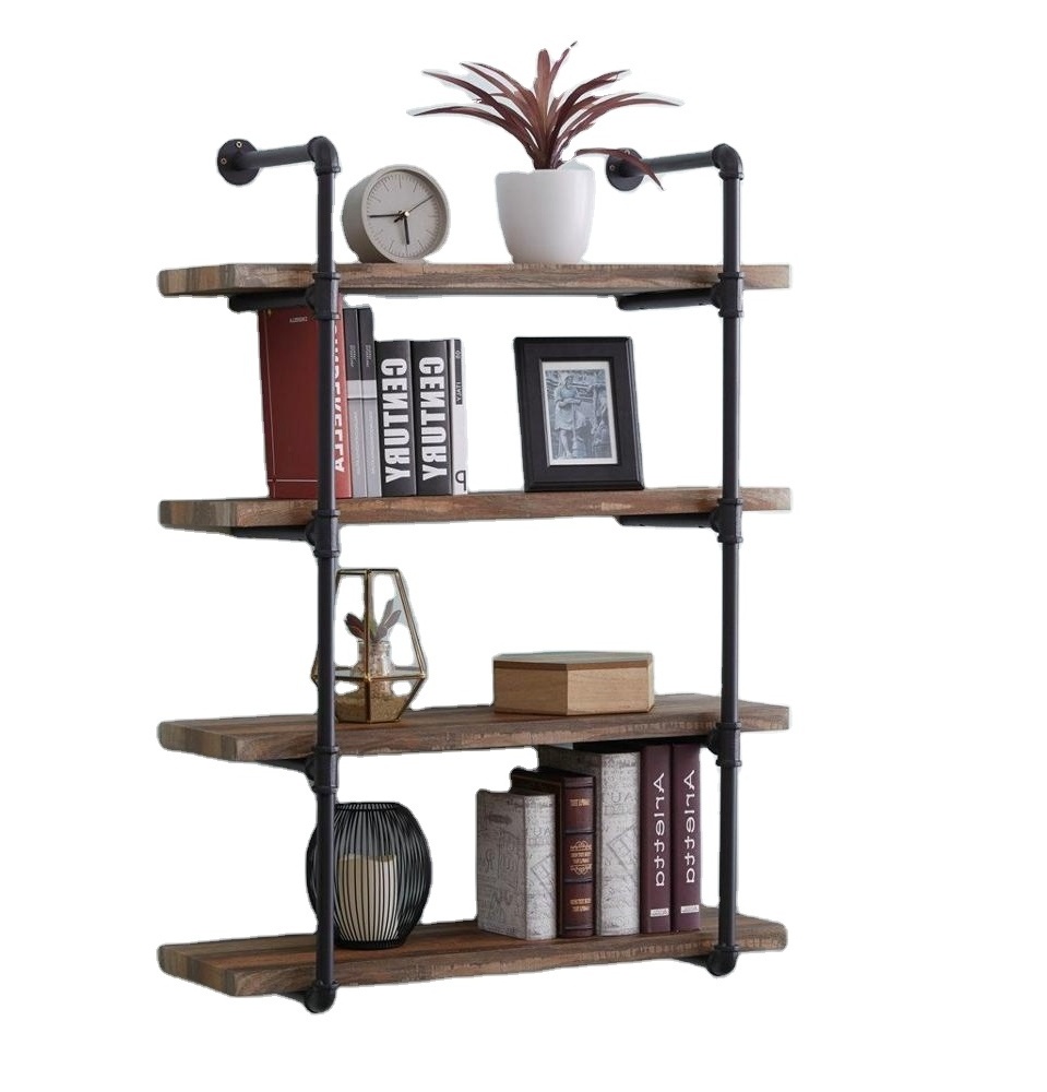 Industrial Floating Pipe Wall Mounted Shelves Rustic Modern Wood Shelving Bookcase 4 Layer Ladder Hanging Bookshelf for Home Bat