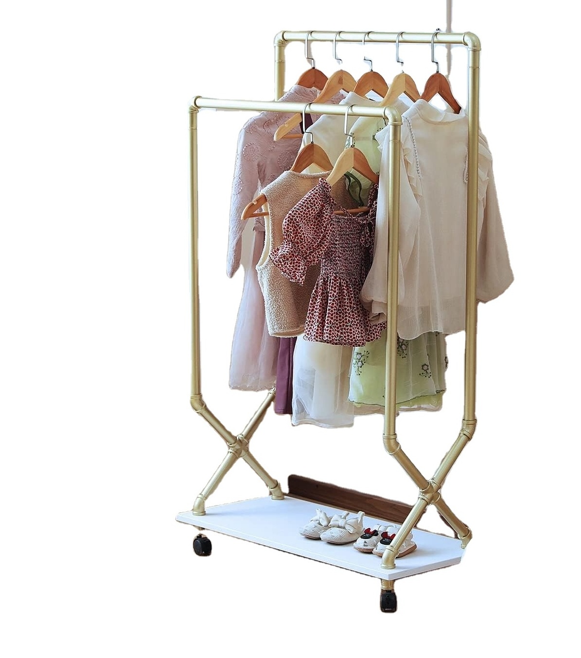 Child Clothes Rack, Kids Garment Rack Dress-up Closet, Rolling Pipe Open Clothing Rack with Wood Storage Shelf