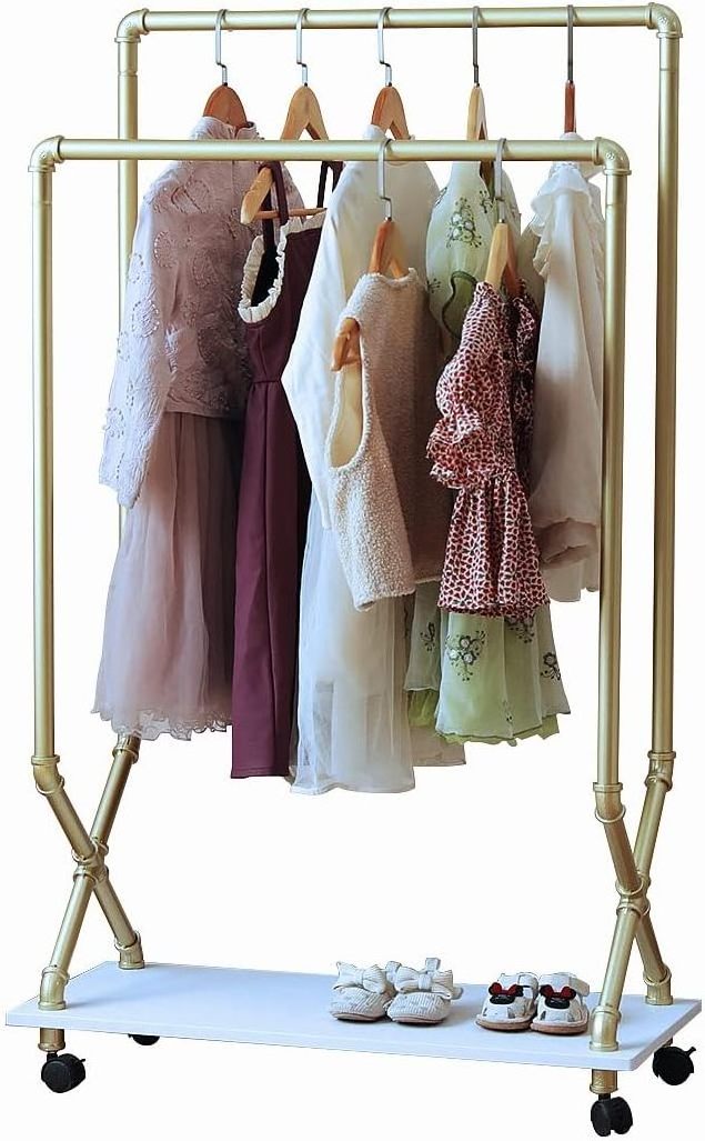 Child Clothes Rack, Kids Garment Rack Dress-up Closet, Rolling Pipe Open Clothing Rack with Wood Storage Shelf