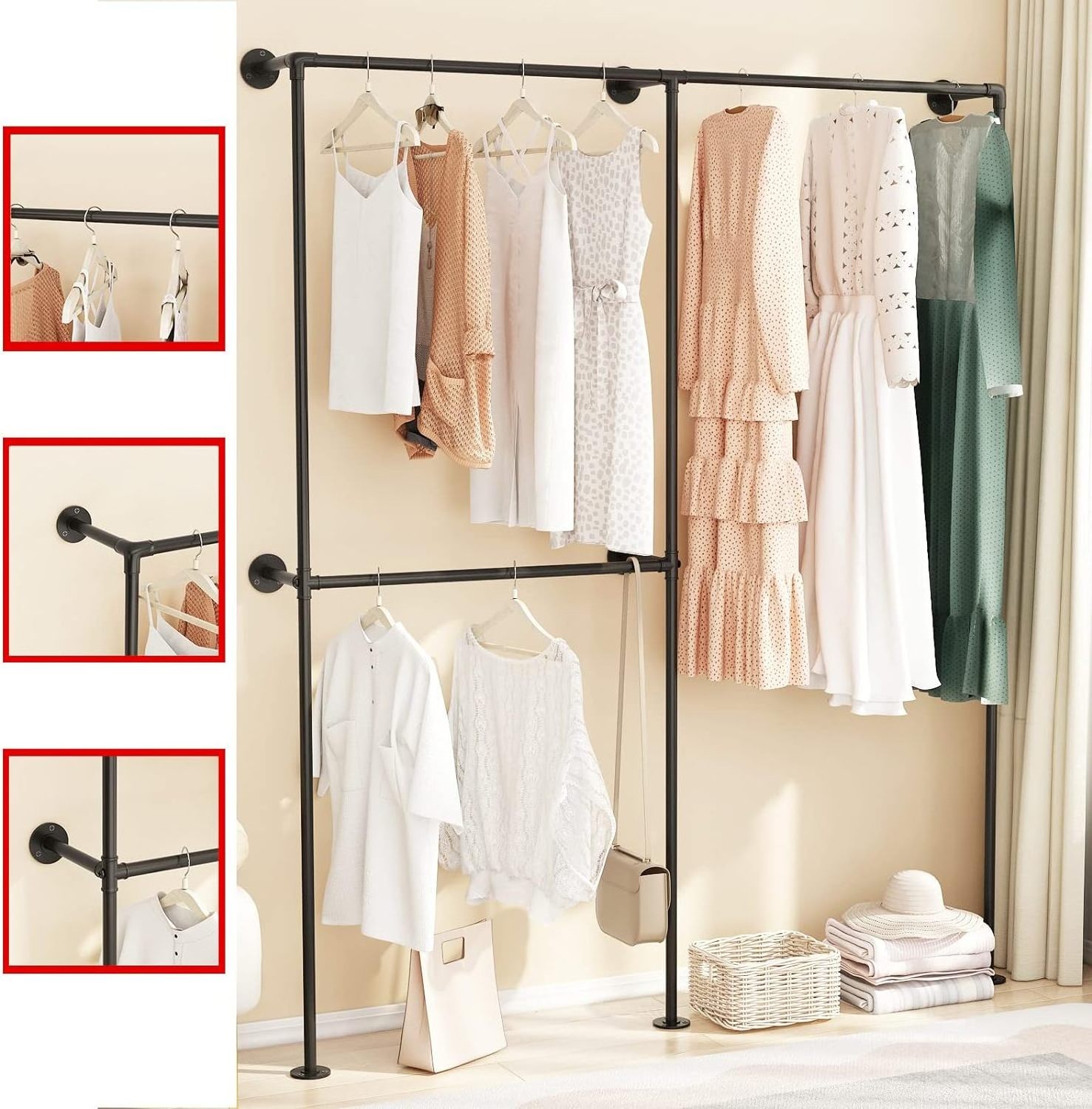 Industrial Pipe Clothing Racks with Double Bar Wall Mounted Closet Rods for Hanging Clothes Organizer Storage