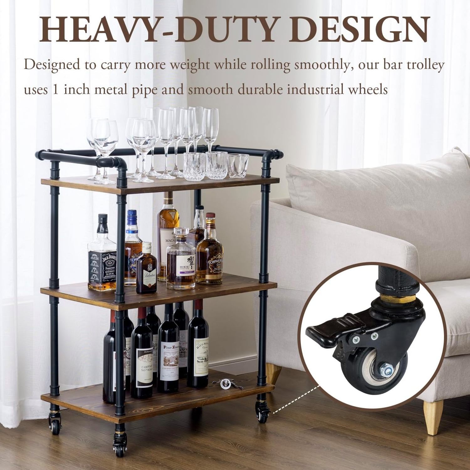 3 Tier Bar Cart Rustic Burnt Solid Wood and Industrial Matte Black Metal Pipe Wine Cart with 360-Degree Rolling Wheels