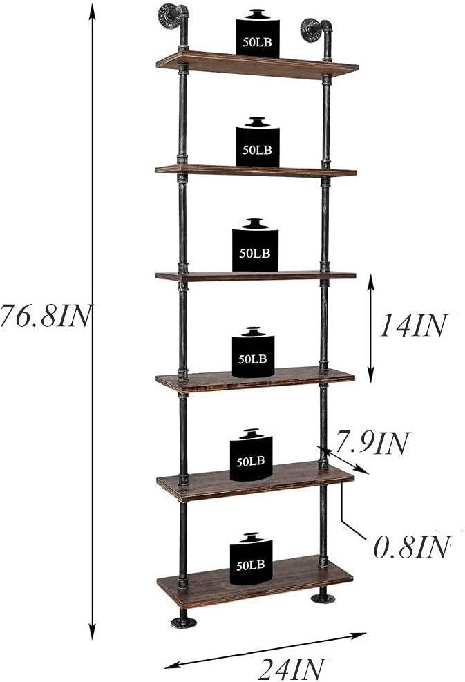 Industrial Pipe Wood Shelves 6 Tier Rustic Wall Ladder Bookshelf Display Storage Stand Shelf Bookcase for Living Room, Kitchen