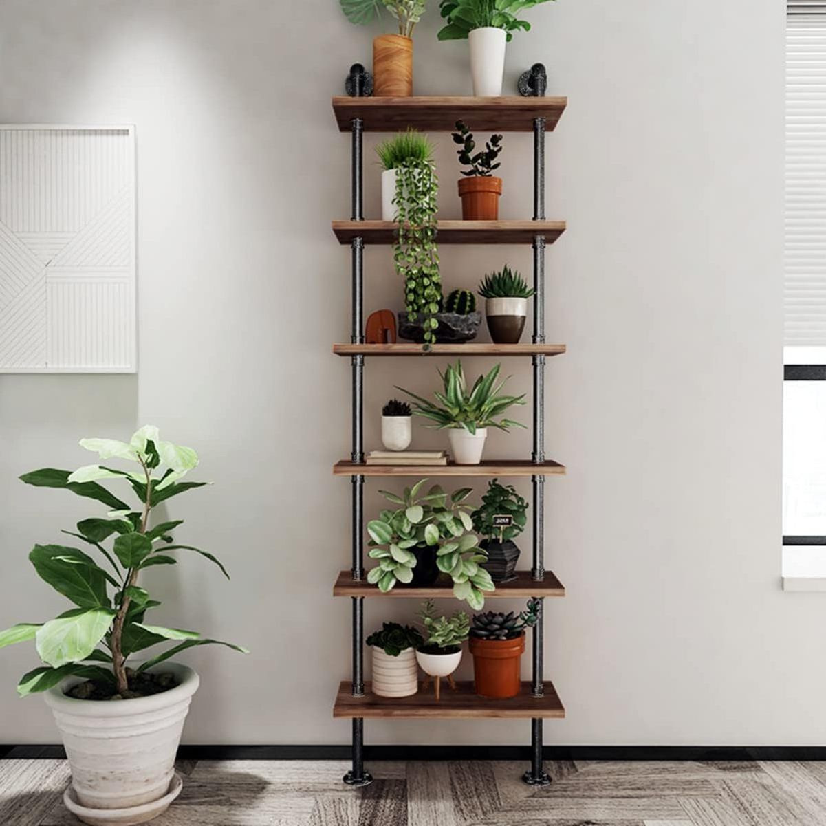 Industrial Pipe Wood Shelves 6 Tier Rustic Wall Ladder Bookshelf Display Storage Stand Shelf Bookcase for Living Room, Kitchen