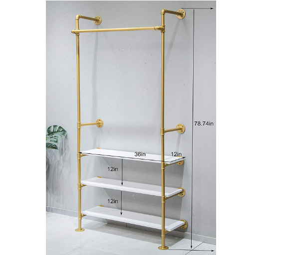 Design For You Industrial Pipe Golden Black Clothing Rack Wood Garment Rack Pipeline Vintage Rolling Rack On Wall for Bedroom