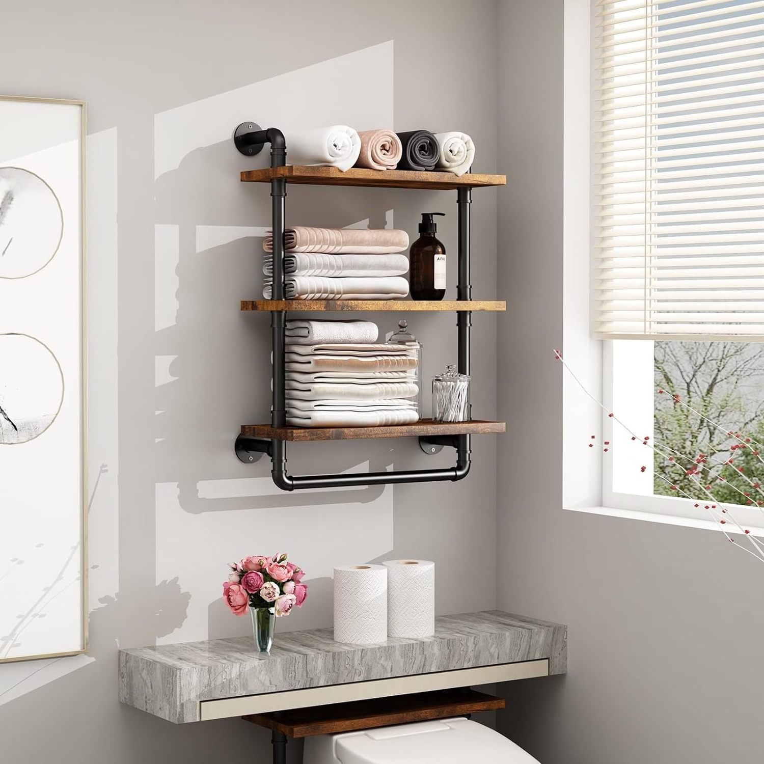 Industrial Pipe Shelving Bathroom Shelf with Towel Bar  3 Tier 24 Inch Floating Shelves for Kitchen   Bedroom  Living Room