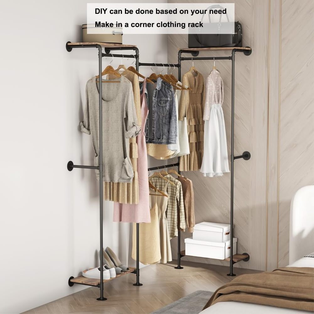 Industrial Pipe Clothing Rack Wall Mounted Clothing Rack for Hanging Clothes Adjustable Corner Clothes Rack with Shelves