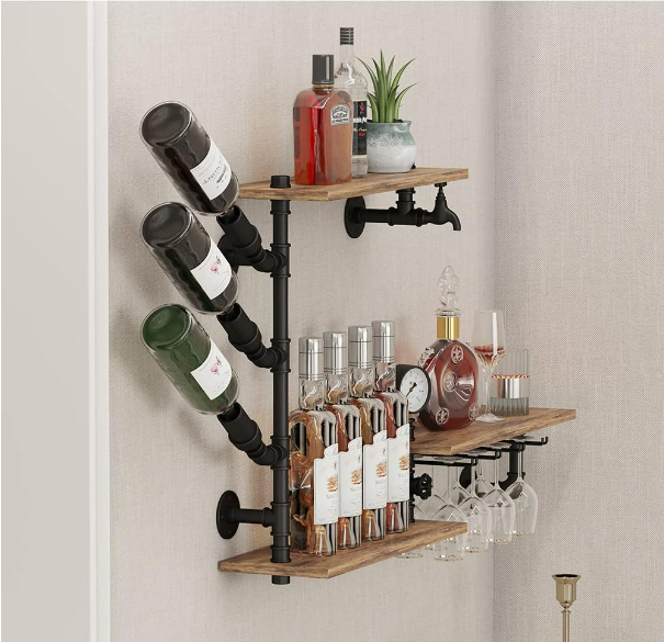 Vintage Wine Sets of Industrial Style gi Malleable Iron Pipe Fitting Placing Red White Wine Used on the Wall of Living Room