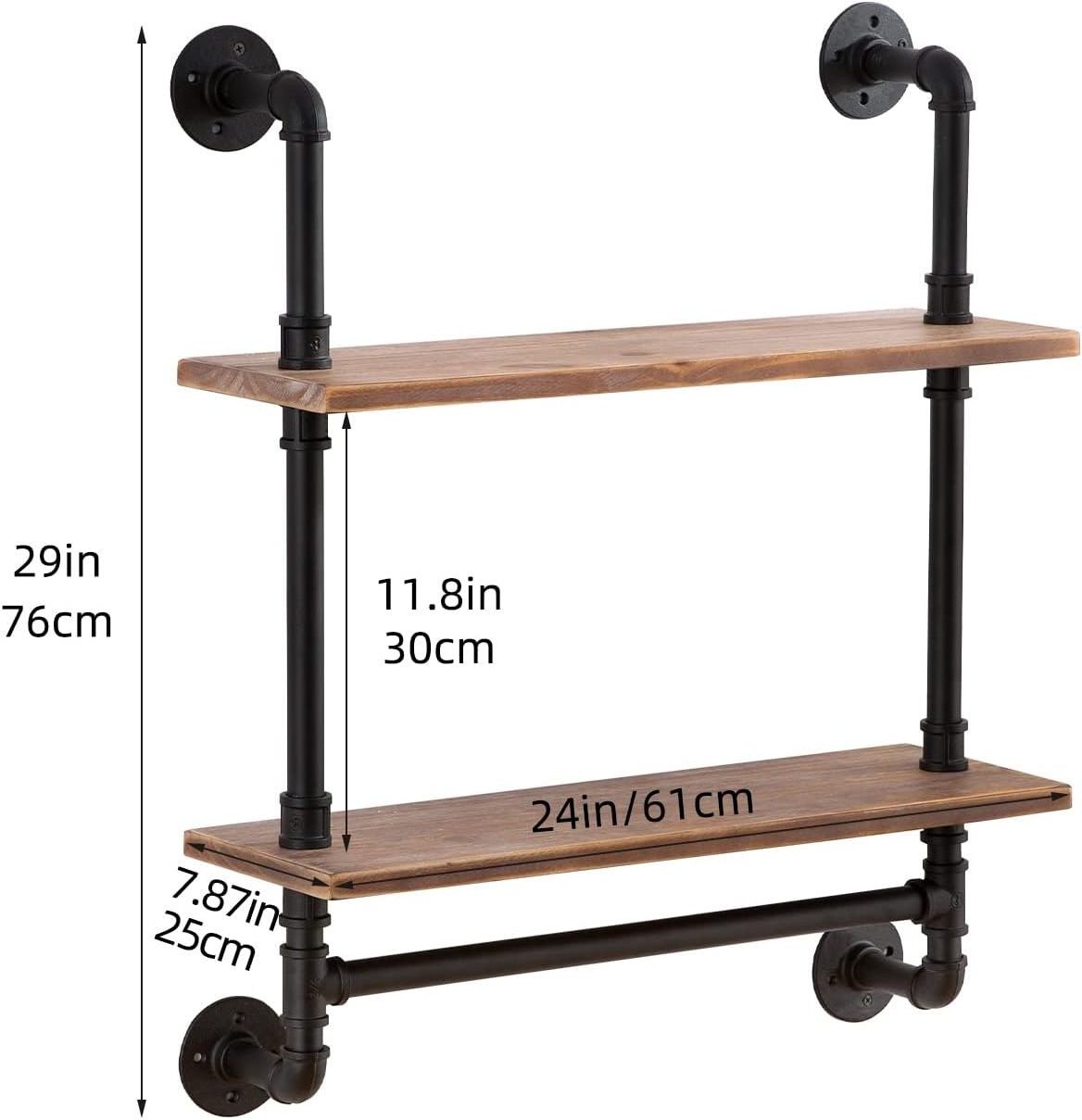 Iron Pipe Shelves Industrial Bathroom Shelves with Towel bar 2 Tier Industrial Shelf Wall Mounted with Hook for bedroom kitchen