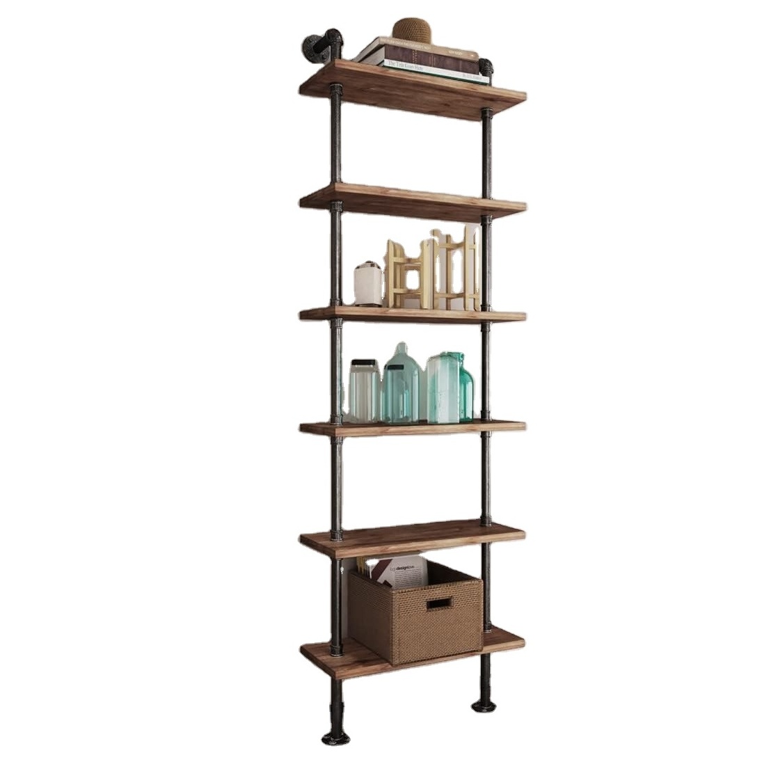 Industrial Pipe Wood Shelves 6 Tier Rustic Wall Ladder Bookshelf Display Storage Stand Shelf Bookcase for Living Room, Kitchen