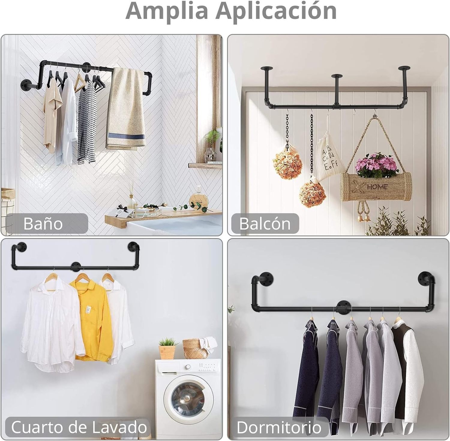 Wall Mounted Clothes Rail, Industrial Pipe Clothes Rack Clothing Garment Rack Iron Clothes Bar, Closet Storage Organizing