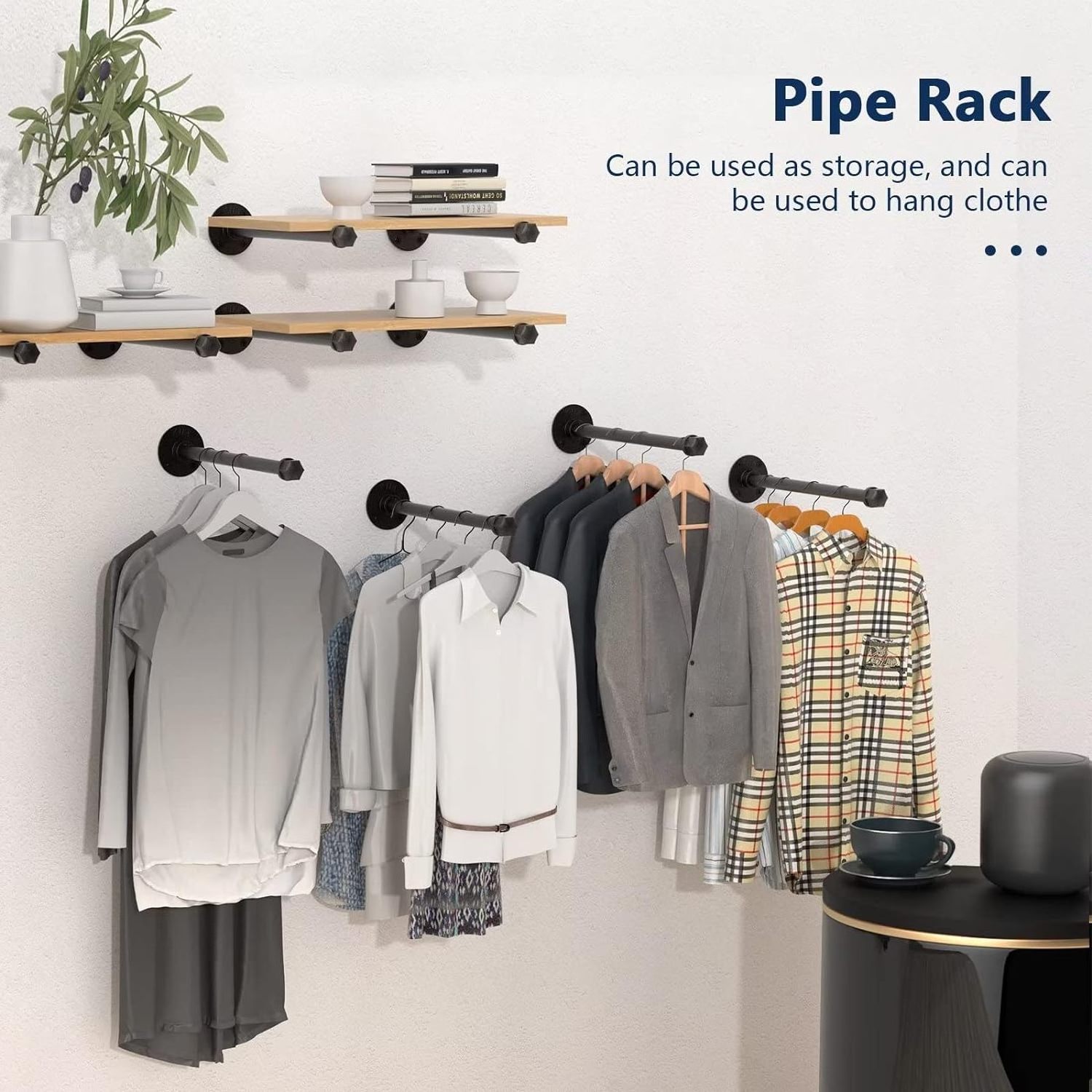 Industrial Pipe Clothes Racks, Floating Shelf Bracket, Wall Mount Closet Rod For Hanging Clothes, Garment Rack For Clothing