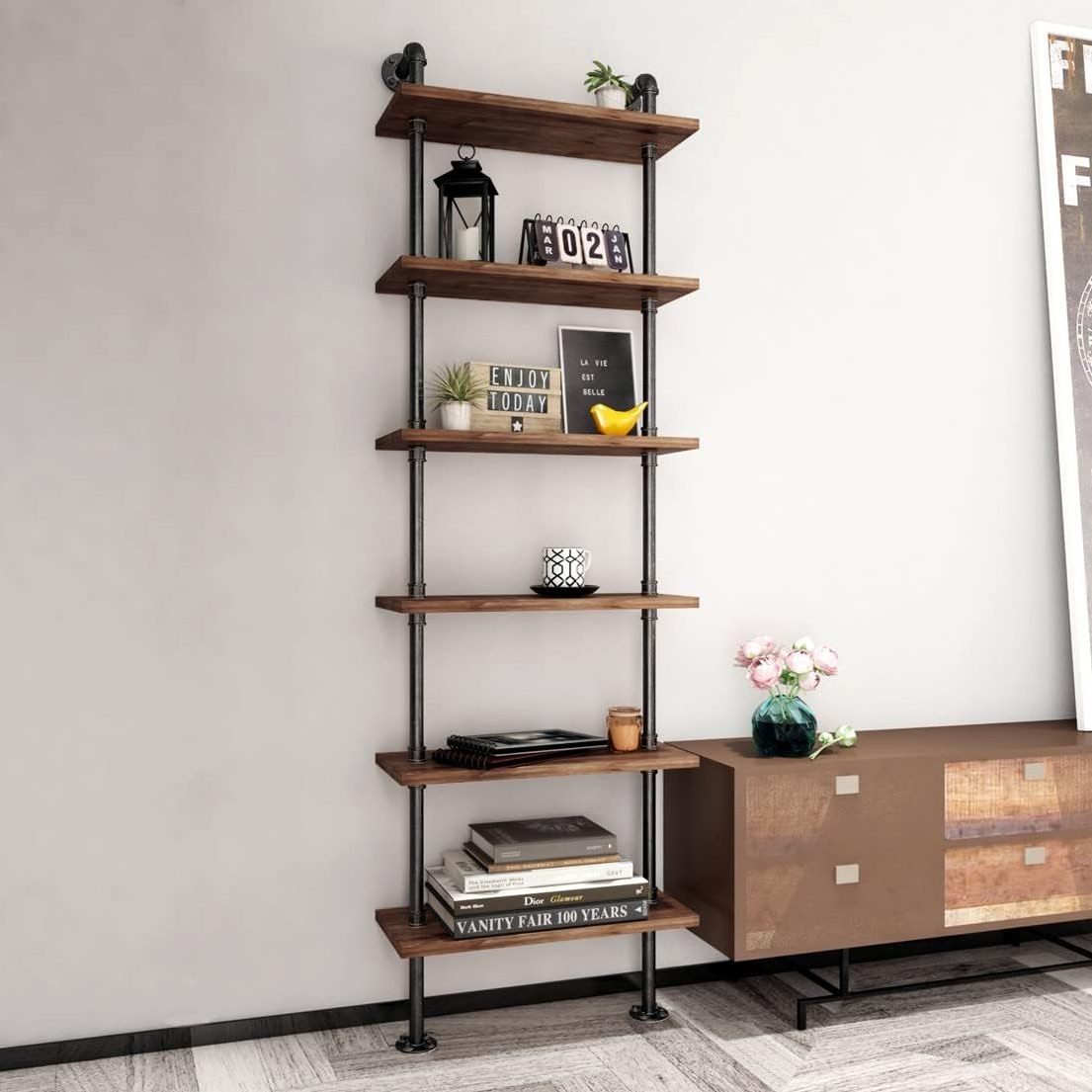 Industrial Pipe Wood Shelves 6 Tier Rustic Wall Ladder Bookshelf Display Storage Stand Shelf Bookcase for Living Room, Kitchen