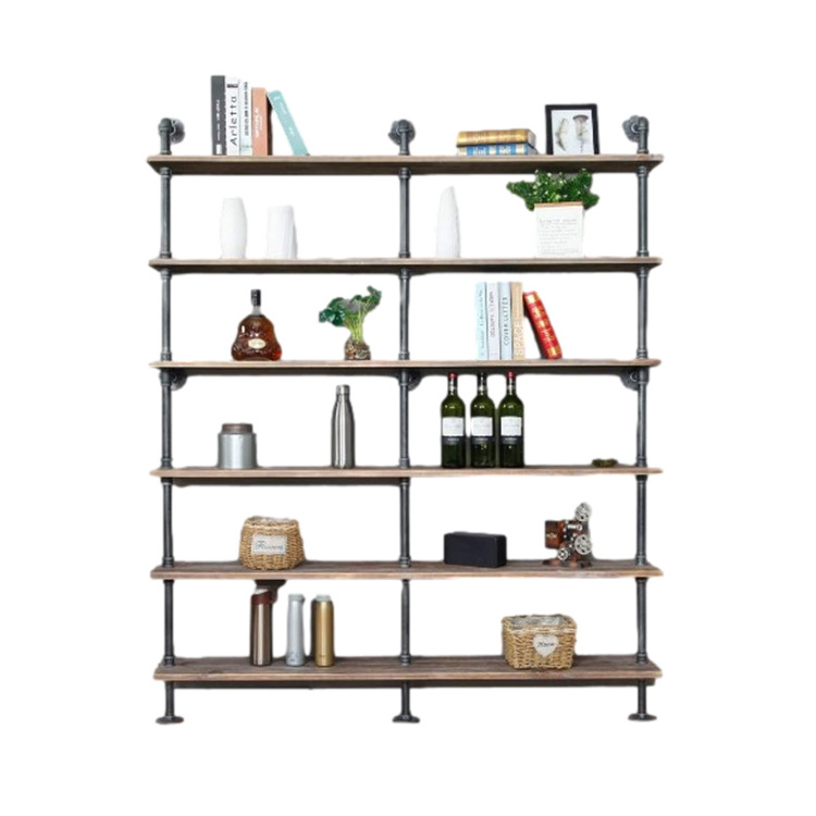 Industrial 6-Tiers Modern Ladder Solid Wood Storage Shelf Bookcase Wall Mounted Pipe Wood Shelves Bookshelf Vintage Wrought Iron